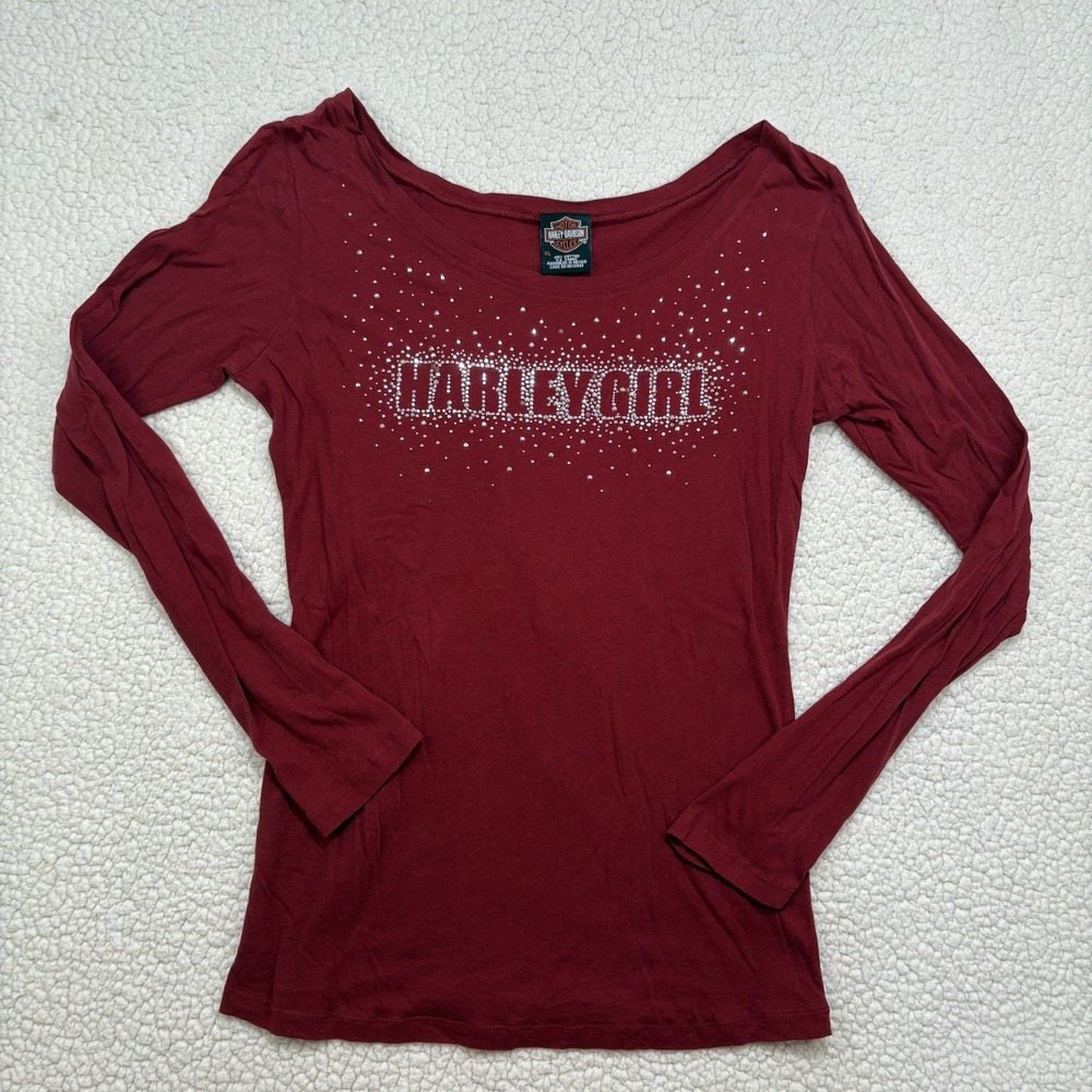 Y2K Harley Davidson Womens XL Red Rhinestone Bling Harley Girl Long Sleeve Shirt